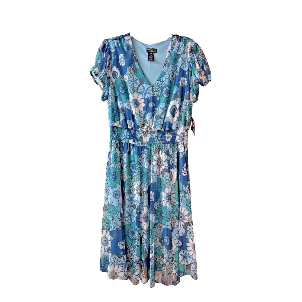 Kate And Lily Floral V-Neck Smocked Waist Petite Dress Blue Green 14P NEW